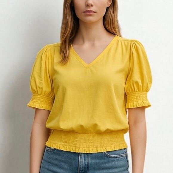 2/$15 Philosophy Satin Smocked Blouse Yellow V-Neck Short Sleeve Size S - Picture 1 of 11